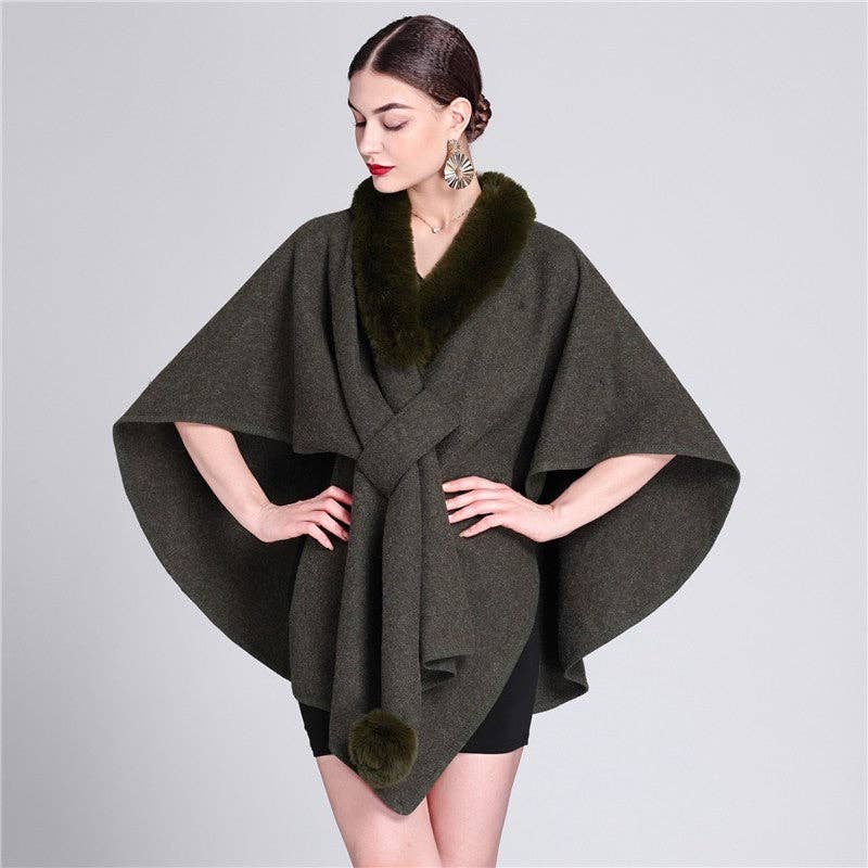 UZ Wholesale Store - Venta al por mayor Capa - Mujer - Mantón holgado de tweed con cuello de piel de conejo y nutria sintética5