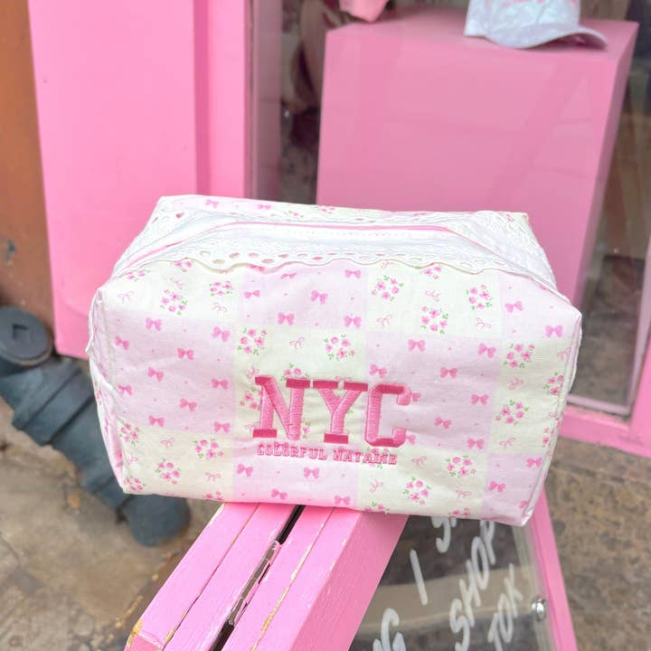 Colorful Natalie - Wholesale Makeup/Cosmetic Bag - Pink Bows and Flowers NYC Makeup Bag4