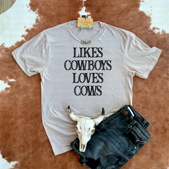 Likes Cowboys Loves Cows Western Tee for wholesale by Ranchy Roan Boutique