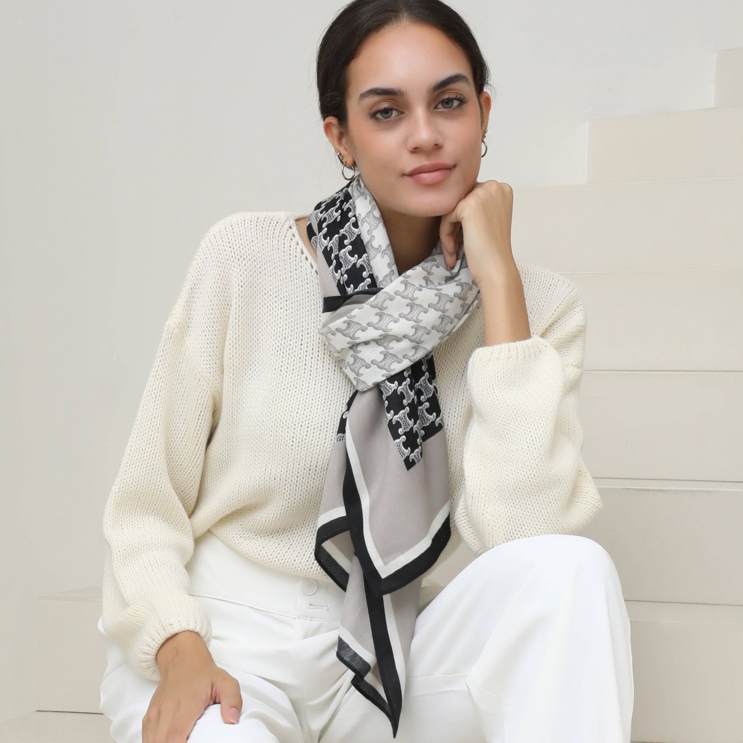 YOUZEY - Wholesale Scarf - Women's - The Poppy - Monochrome Black, Grey, White Faux Silk Scarf0