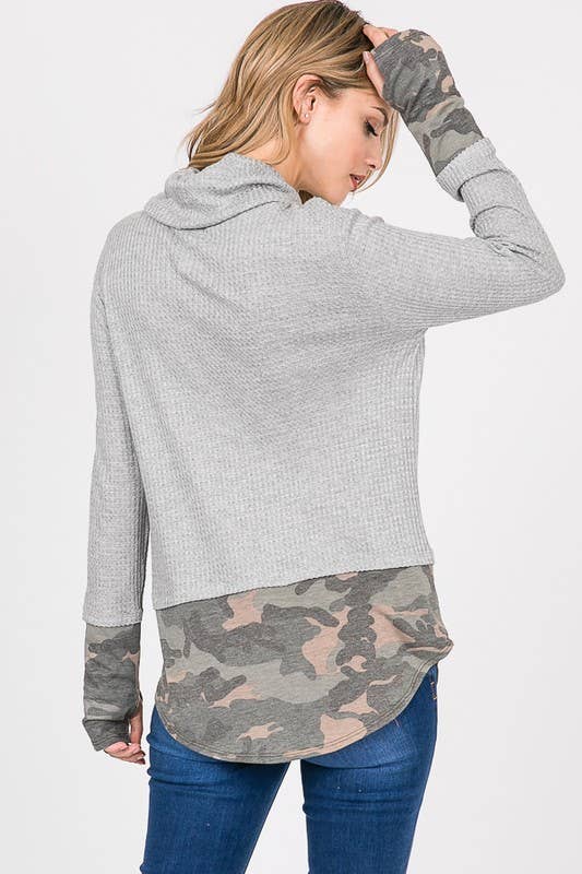 7th Ray - Wholesale Sweatshirt - Women's - Brushed Waffle Camo Contrast Thumbhole Cuff Twofer Top T20411