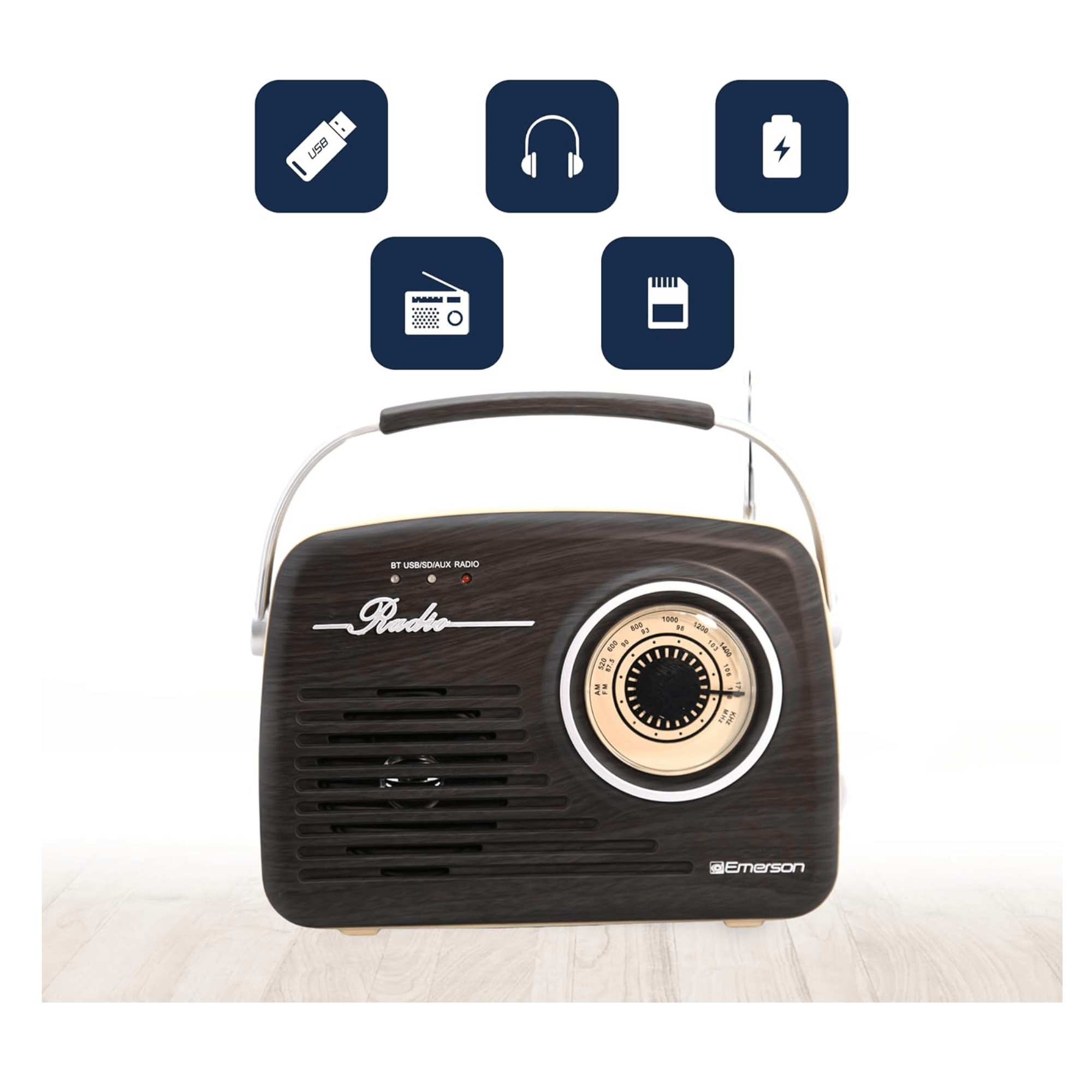 JupiterGear Home - Vente Haut-parleurs - Radio portable rétro Emerson avec batterie rechargeable5
