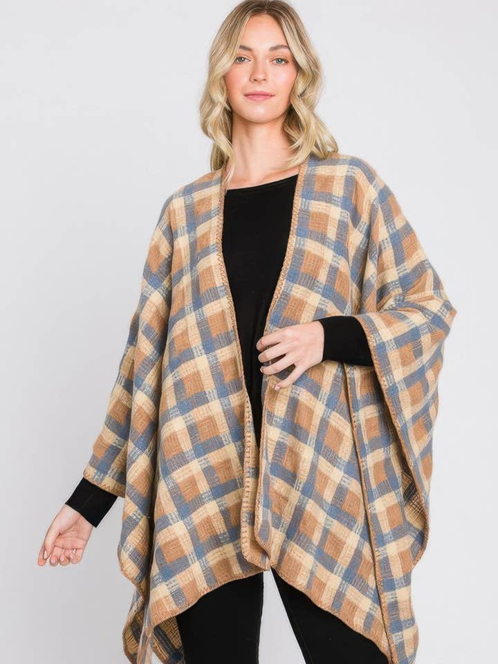 Plaid Pattern Ruana for wholesale by CC Wholesale Clothing