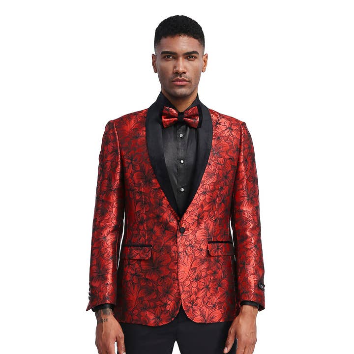 Men's Slim Textured Floral Blazer, Black Shawl Collar, Red for wholesale by Suits America