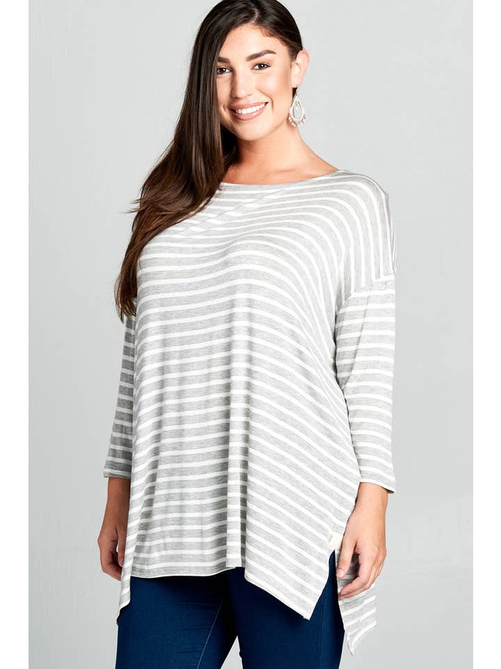 Emerald Collection - Wholesale Tunic - Women's - ETK-4257-PL Plus Size Nautical Striped Oversize Tunic Top