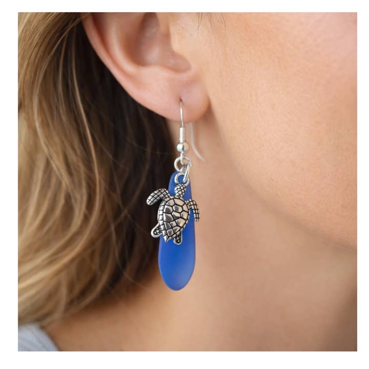 Sea Turtle Dangle Earrings Blue Sea Glass for wholesale by EarthlieTreasures