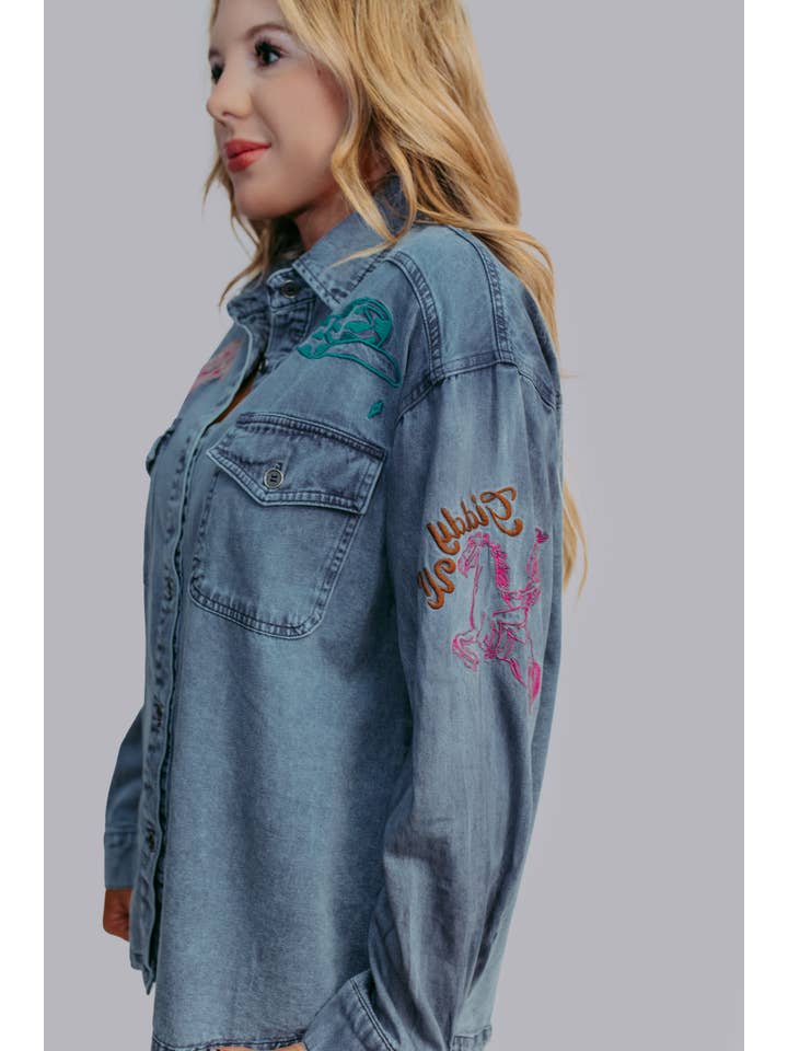 Denim MK522 Giddy Up Broderi Denimskjorta för wholesale på Faire