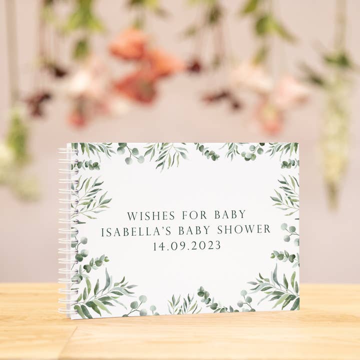 Libro degli ospiti personalizzato per baby shower con eucalipto per la vendita all'ingrosso da parte di Manta Makes