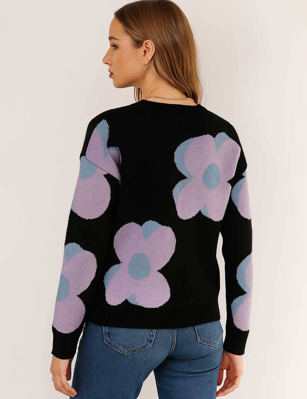 Sweetkama - Vente Pull en maille – femme - Pull tricoté à col rond à motif floral multicolore pour femmes9