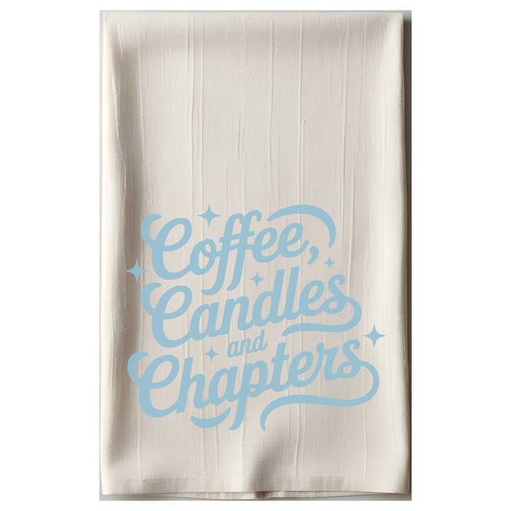 Coffee, Candles and Chapters Tea Towel for wholesale by Nearly June Design Co