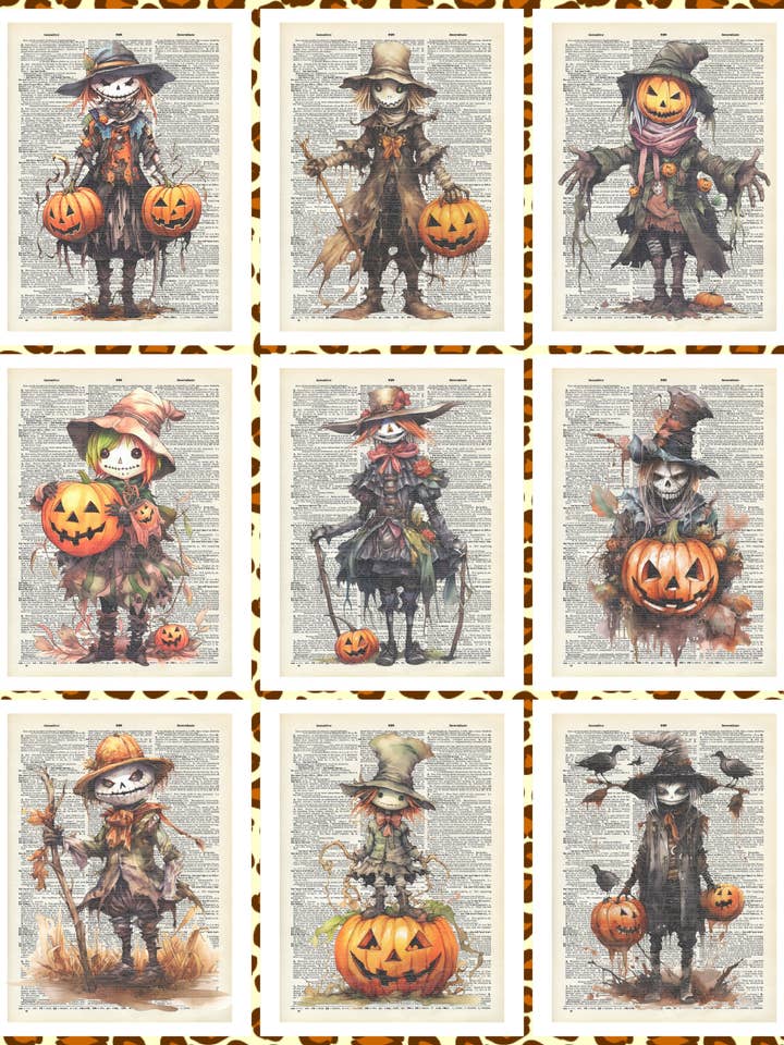 Halloween, ensemble d'épouvantails, impression de dictionnaires vintage pour la vente par Crazilyhumbledesigns