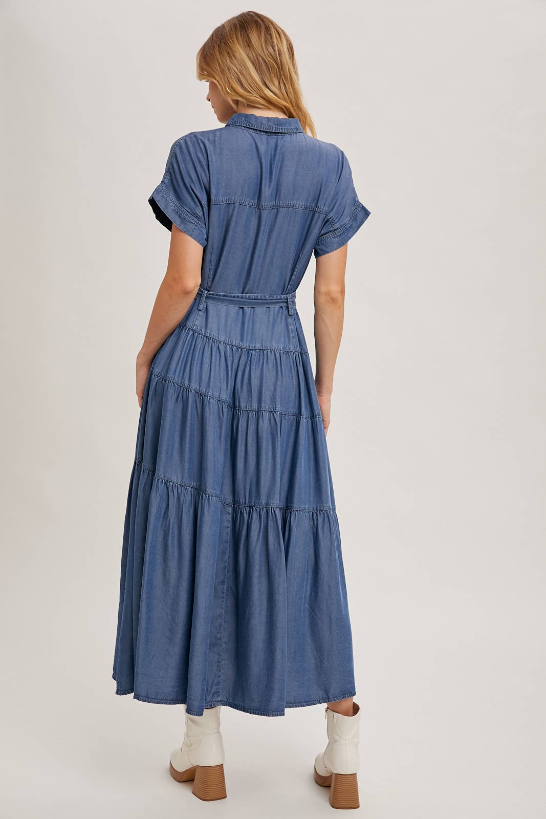 Bluivy - Wholesale Dress - Women's - BUTTON FRONT SHORT SLEEVED TIERED MAXI DENIM DRESS9