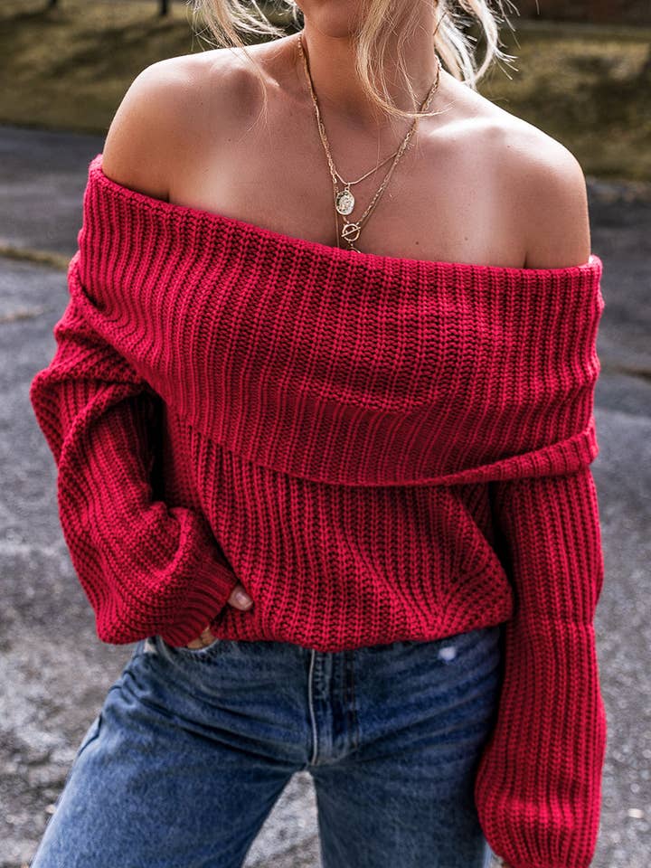 Racing Red Solid Off Shoulder Sweater for wholesale on Faire