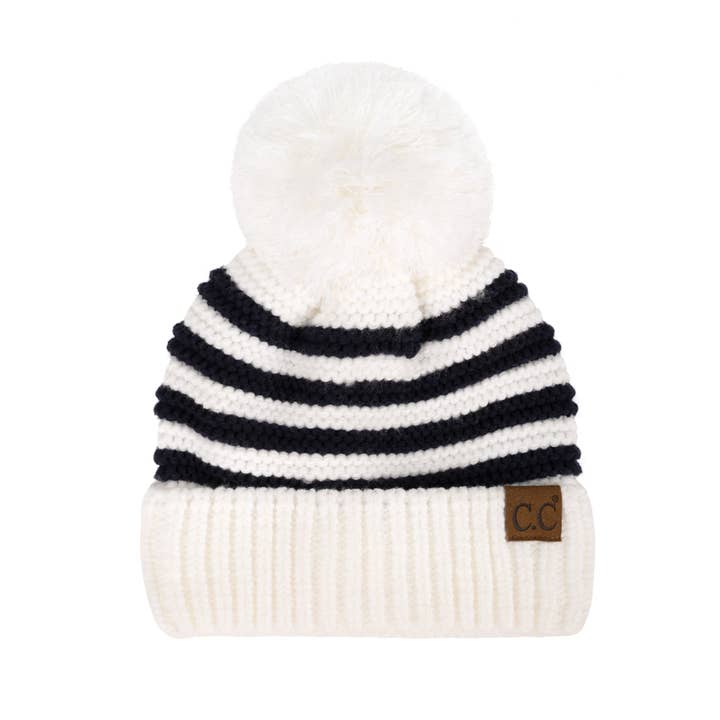 Truly Contagious - Wholesale Beanie - Women's - CC Chunky Knit Striped Pom Beanie ( YJ-1008 )