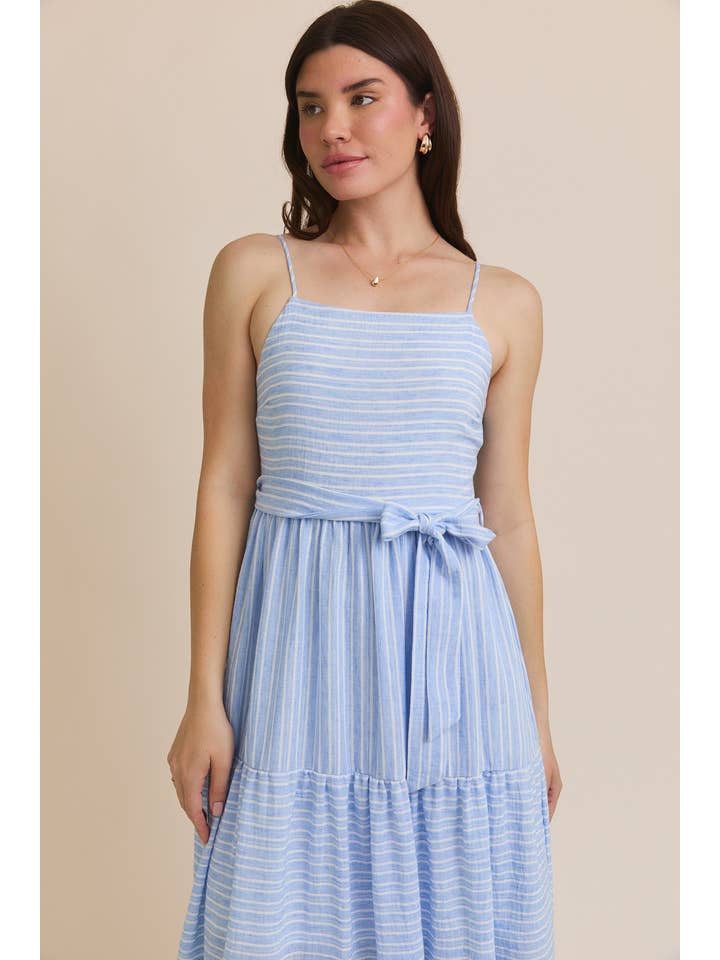 S.P.G STRAP WAIST TIE TIRED STRIPE MAXI DRESS for wholesale on Faire
