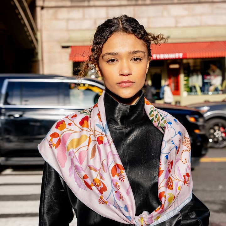 Jessie Zhao New York – wholesale Scarf – Women's – Double Sided Wool Silk Scarf Of Pink Blossom Jungle4