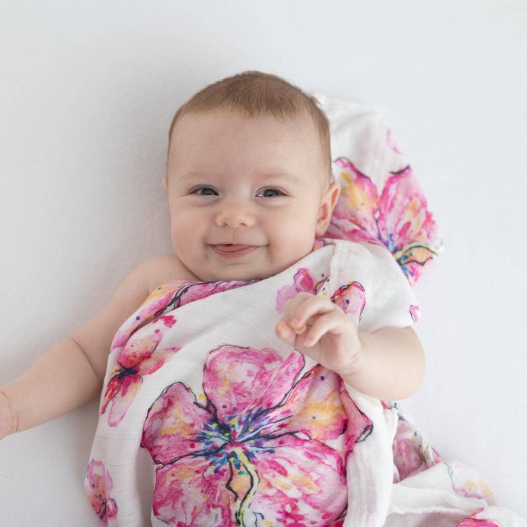 Coco Moon - Wholesale Swaddle - Baby - Hibiscus Kiss Muslin Swaddle Blanket1