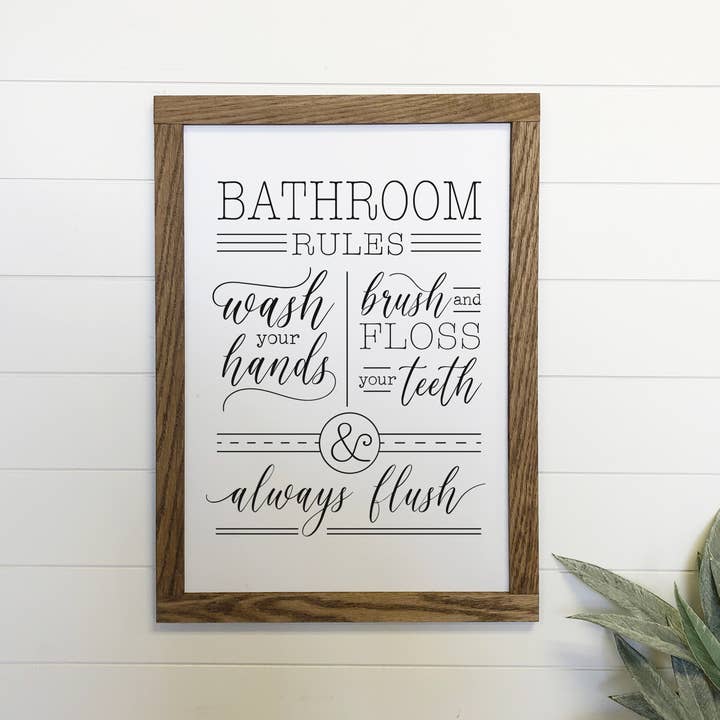 Hangout Home - Wholesale Bathroom sign - Bathroom Rules Canvas Wood Sign Framed Wall Art Print1