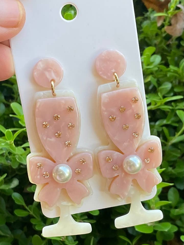 Pink bow champagne earrings for wholesale by Baubles by Maggi