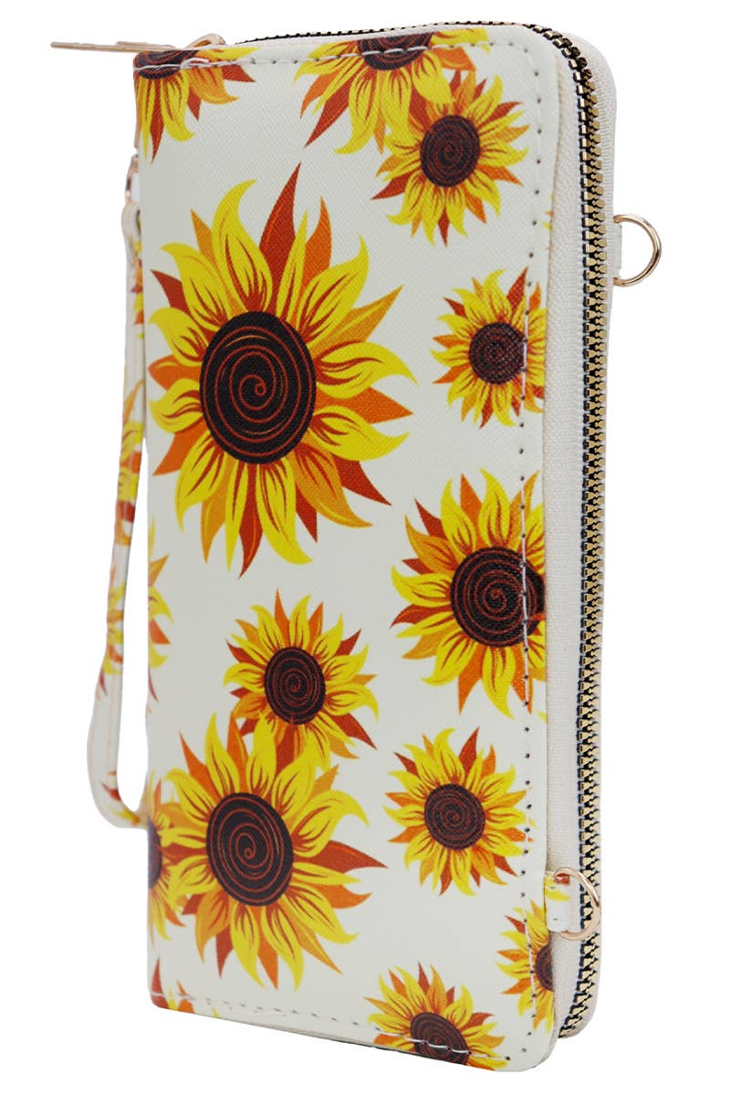 Cap Zone – wholesale Wallet – Women's – Sunflower Single Zipper Crossbody Strap Continental Wallet6