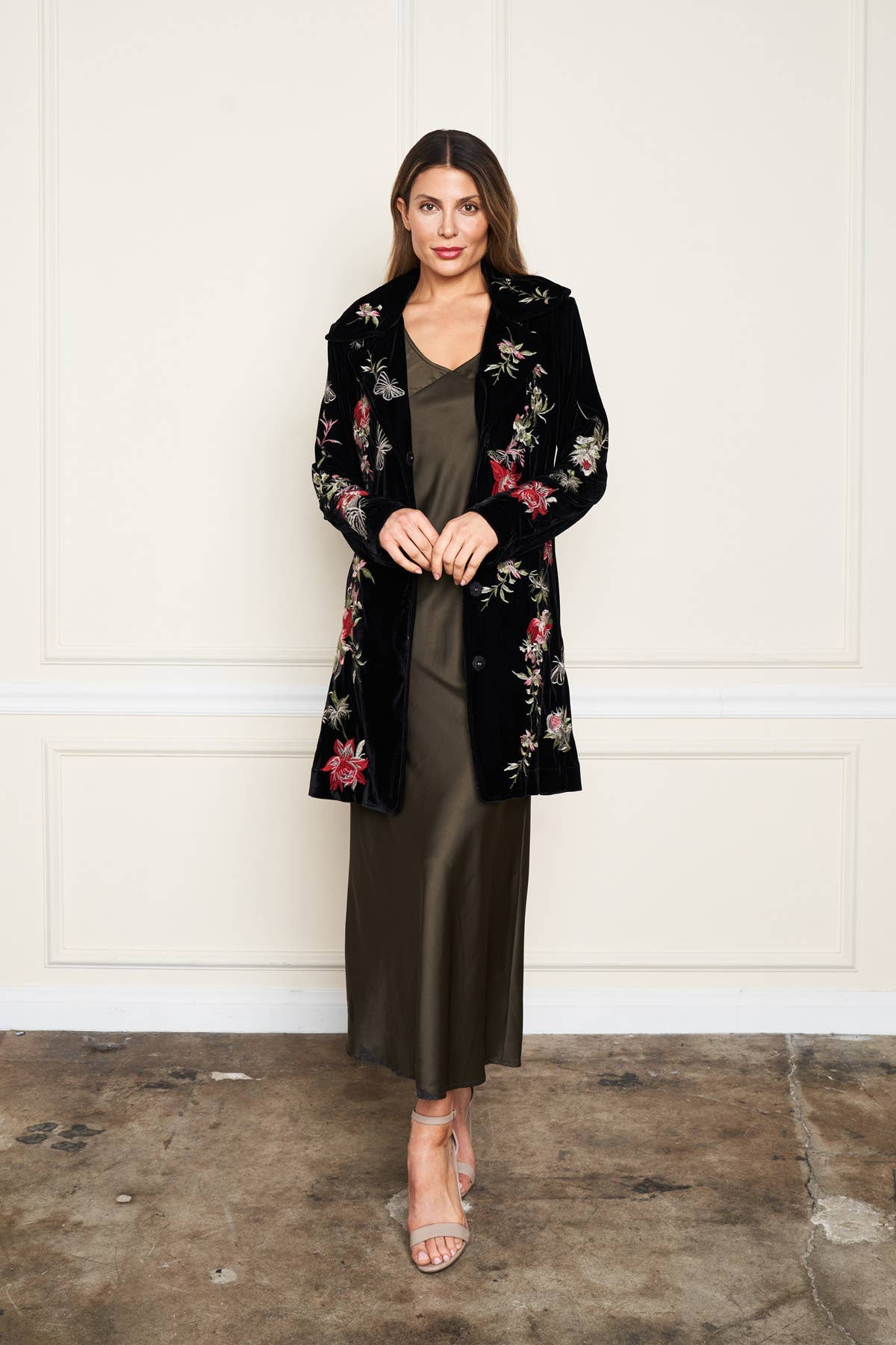 Black 5675-MAJ Embroidered Velvet Coat for wholesale on Faire1