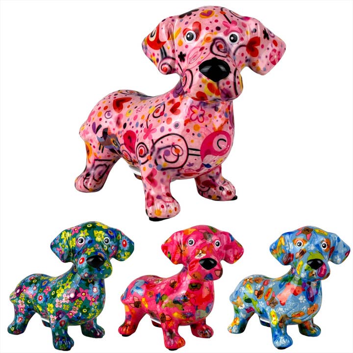 Pomme Pidou 'Dennis' Dachshund Sausage Dog Shaped Ceramic Money Box, 17 cm, gift boxed (8 PACK) for wholesale by Animal Crackers