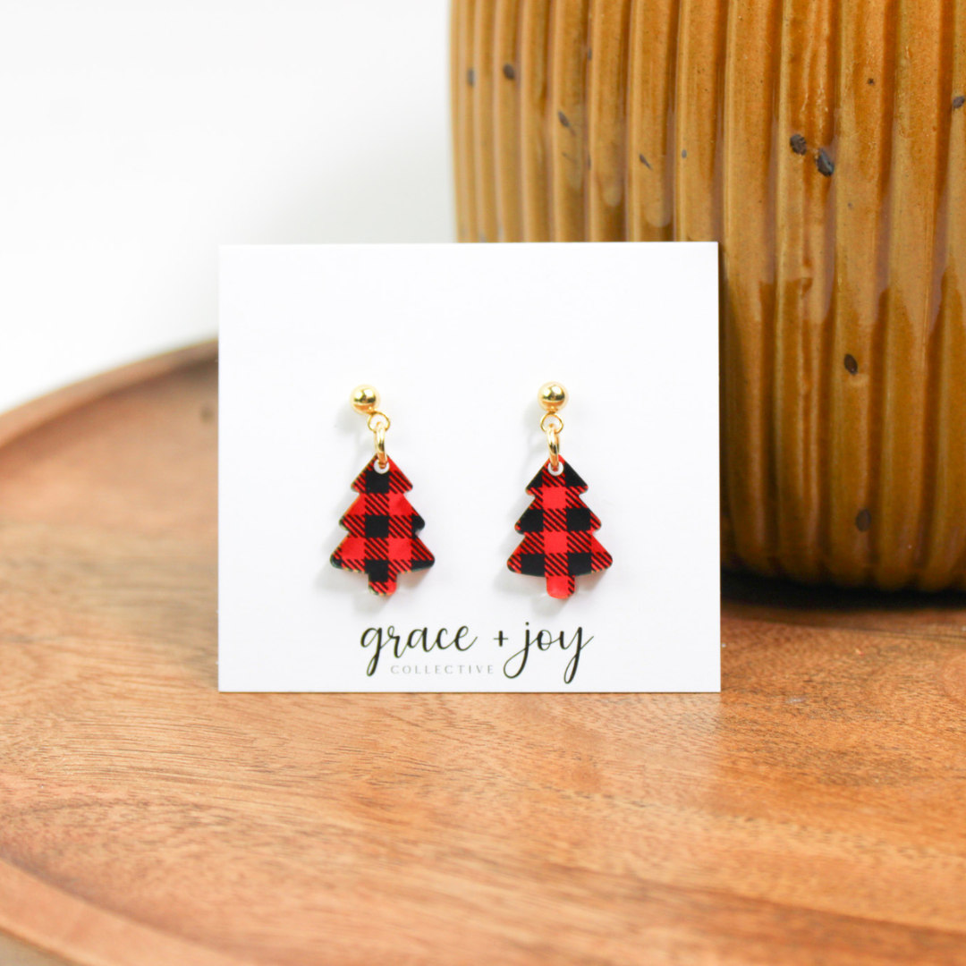 Grace + Joy Collective - Venta al por mayor Pendientes colgantes - Pendientes colgantes de mini árbol de Navidad, pendientes de cuadros de búfalo1