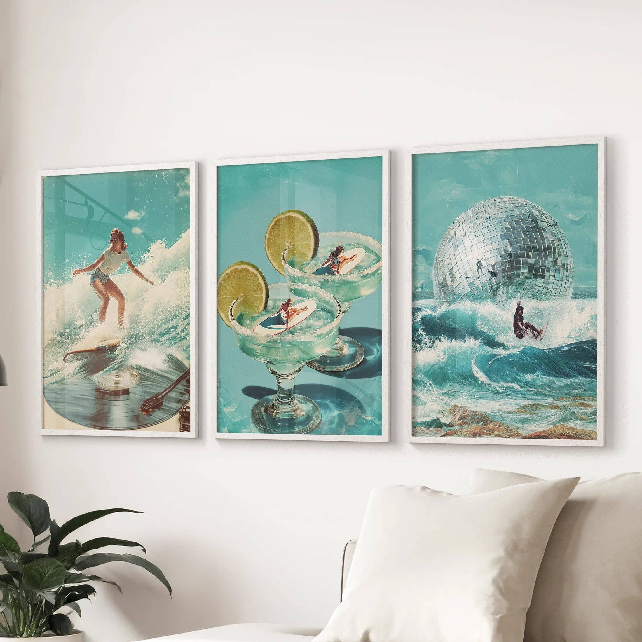 PrintSets.com - Wholesale Gallery Wall Set - Retro Coastal Surfing Wall Art Set of 3. Surreal Blue Wave9