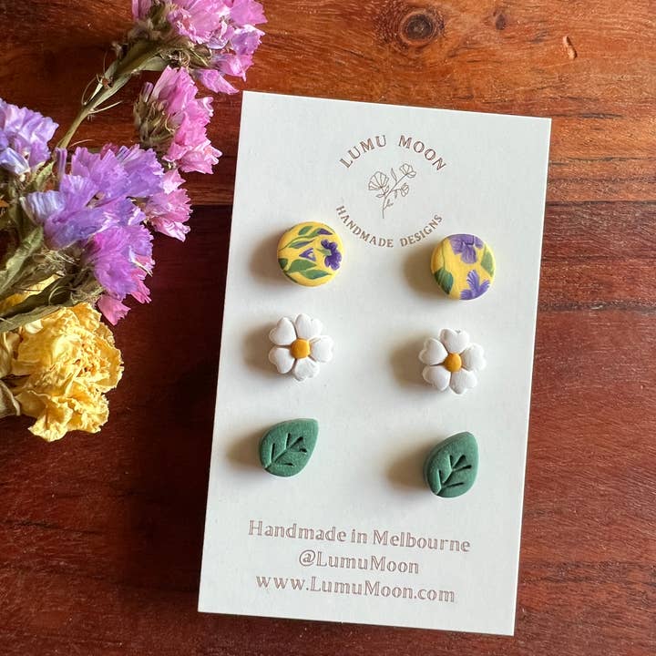 Yellow & Purple Floral Stud Pack #1 - 1cm 3 pack for wholesale by Lumu Moon Handmade Designs