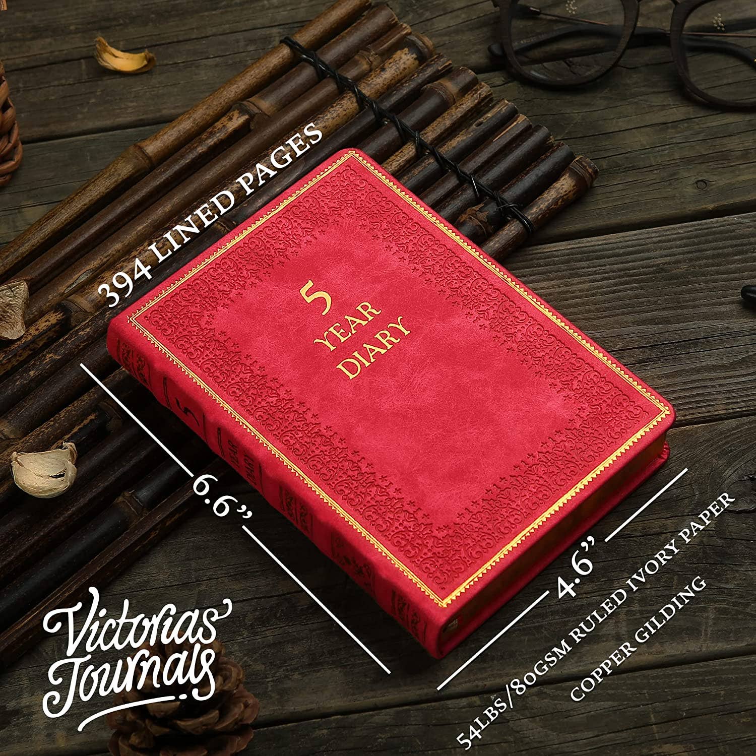 Victoria's Journals – Großhandel Tagebuch – 5-Jahres-Tagebuch im Vintage-Stil — veganer Ledereinband, 11,4 x 15,2 cm (Rot)4