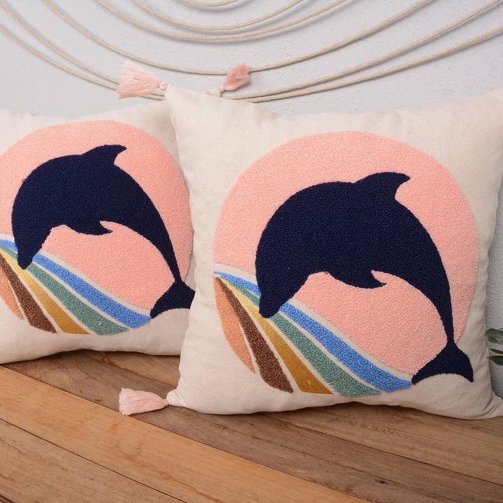 Delfin Bestickter Ozean-Sonnenuntergang Kissenbezug mit Quasten für den Großhandel von Kilim Pillow Decors