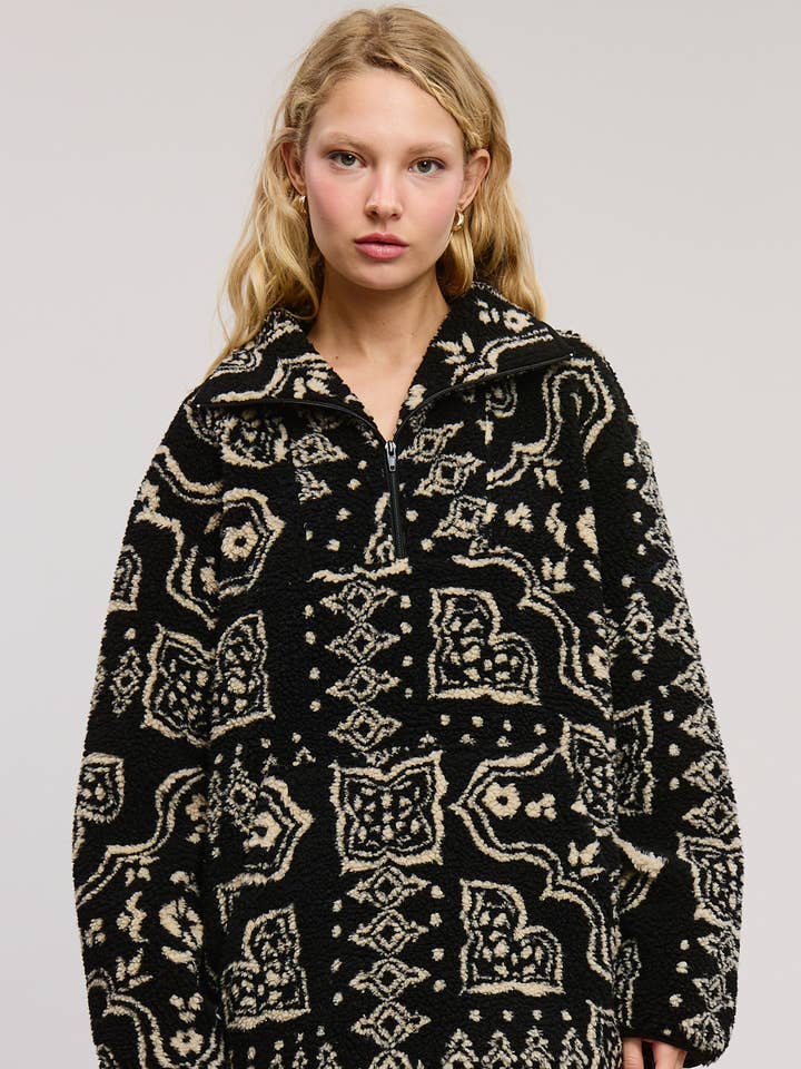 Black Paisley Patchwork Print Sherpa Pullover for wholesale on Faire