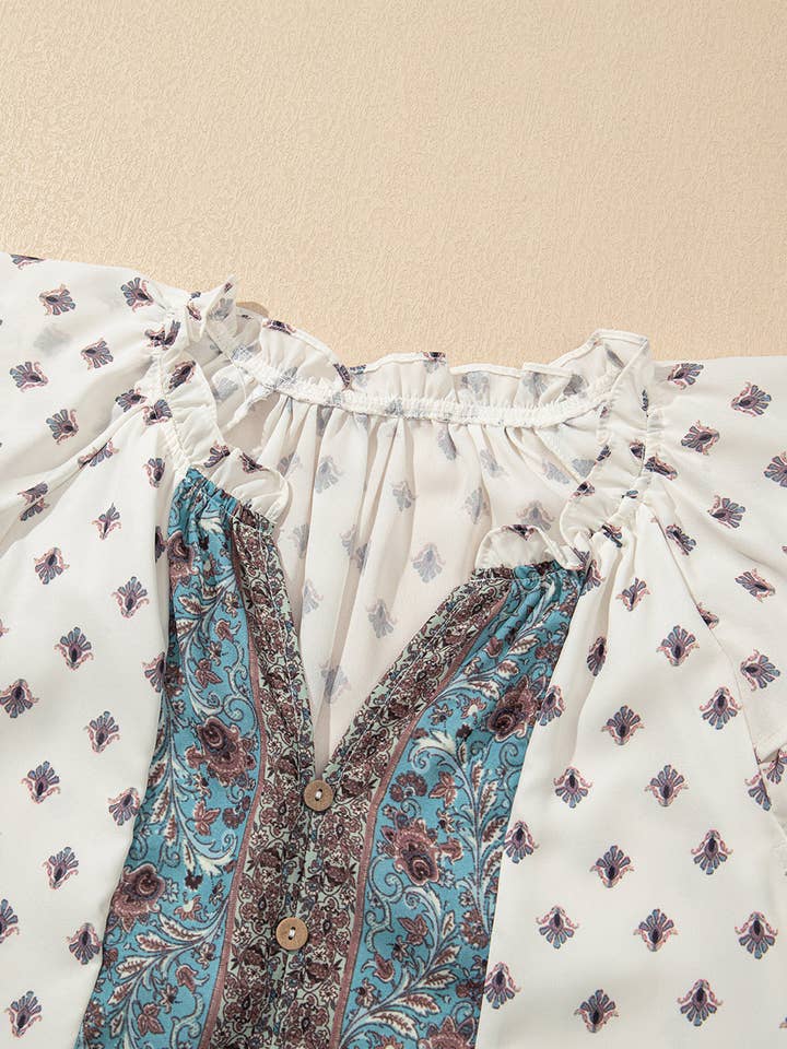White Boho Pattern Tiered Ruffled Sleeve V Neck Buttoned Blouse for wholesale on Faire