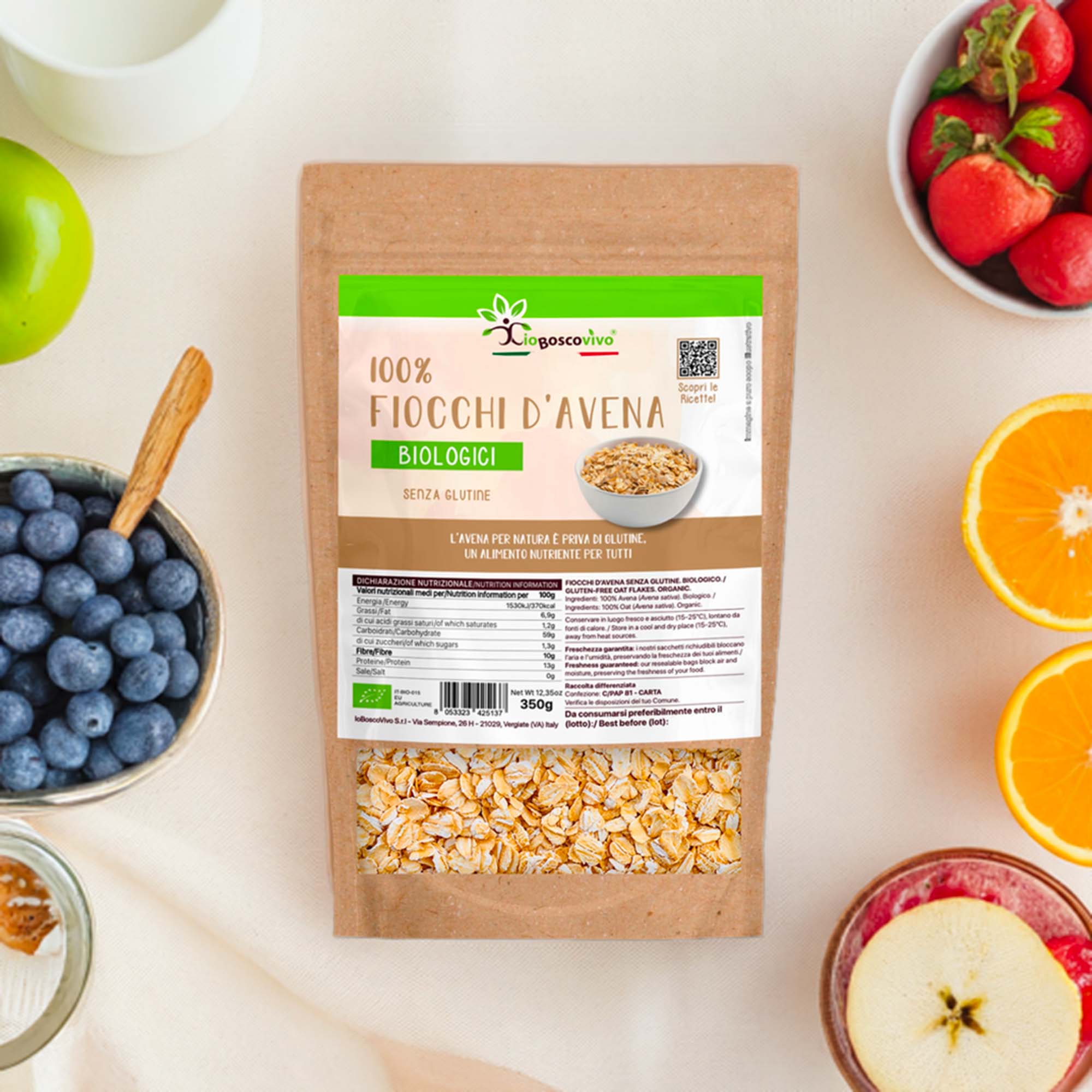 IoBoscoVivo - Wholesale Breakfast Cereal - 100% Organic Small Whole Grain Gluten-Free Oat Flakes - 350g2