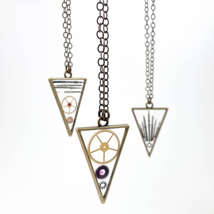 Floating Gears Triangle Pendant | Steampunk Watch Necklace for wholesale by Accessory Alchemy