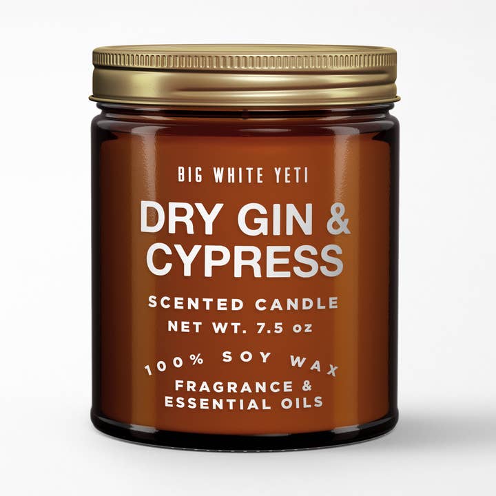 Dry Gin + Cypress Soy Candle- 8oz Amber Jar for wholesale by Big White Yeti