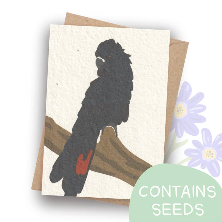 Plantable Black Cockatoo Card for wholesale by Tilly Scribbles
