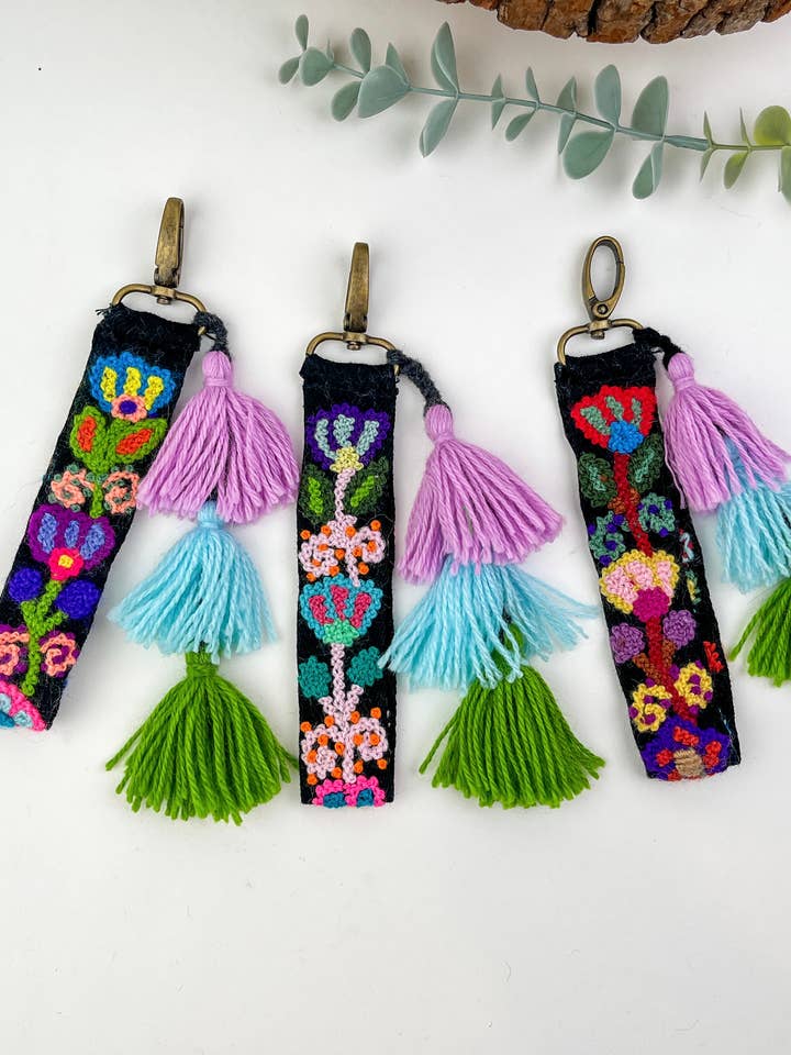 Wild Plum Floral Embroidered Keychain Charm for wholesale by Artesana Love