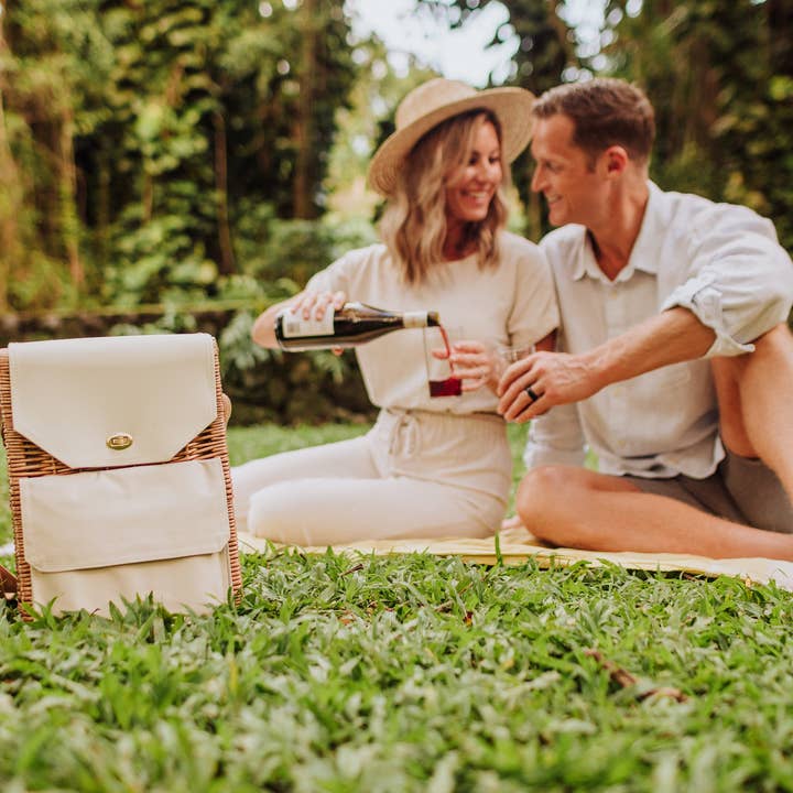 Beige Canvas Corsica Wine & Cheese Picnic Basket for wholesale on Faire29