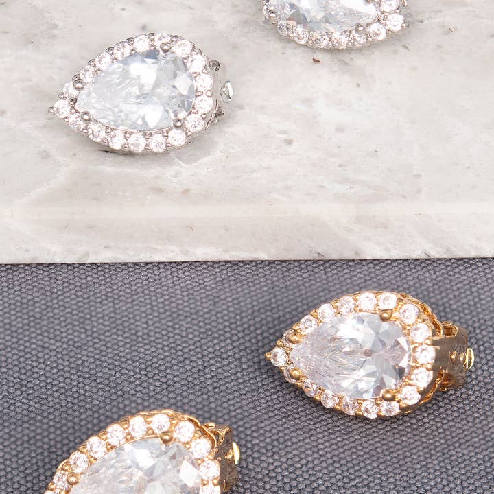Gold Plated CZ Teardrop Halo Clip-On Stud Earrings for wholesale by SP Sophia Collection