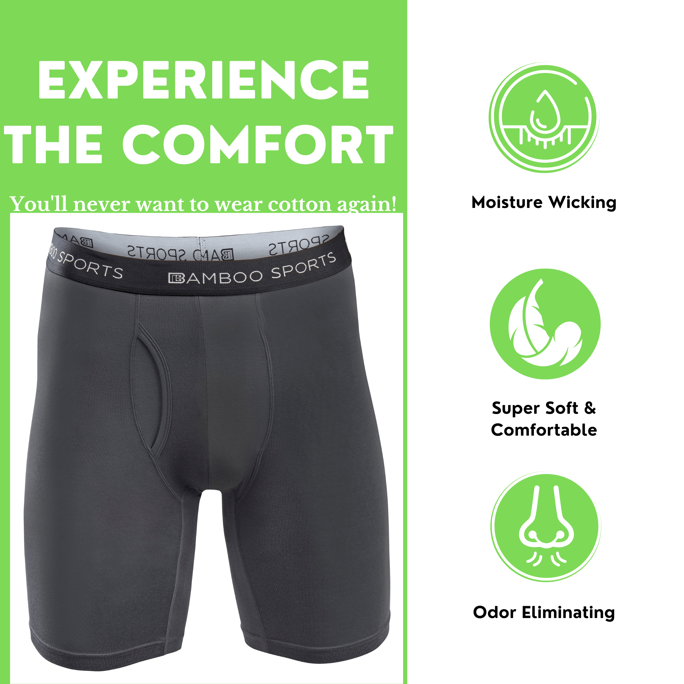 Bamboo Sports - Vendita all'ingrosso Intimo - Uomo - Boxer da uomo in rayon di bambù con cuciture interne da 15,2 cm, confezione da 422