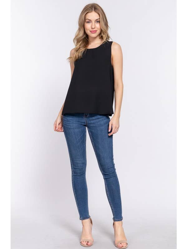 Active Basic | Active USA - Wholesale Blouse - Women's - Sleeveless Round Neck Woven Top3
