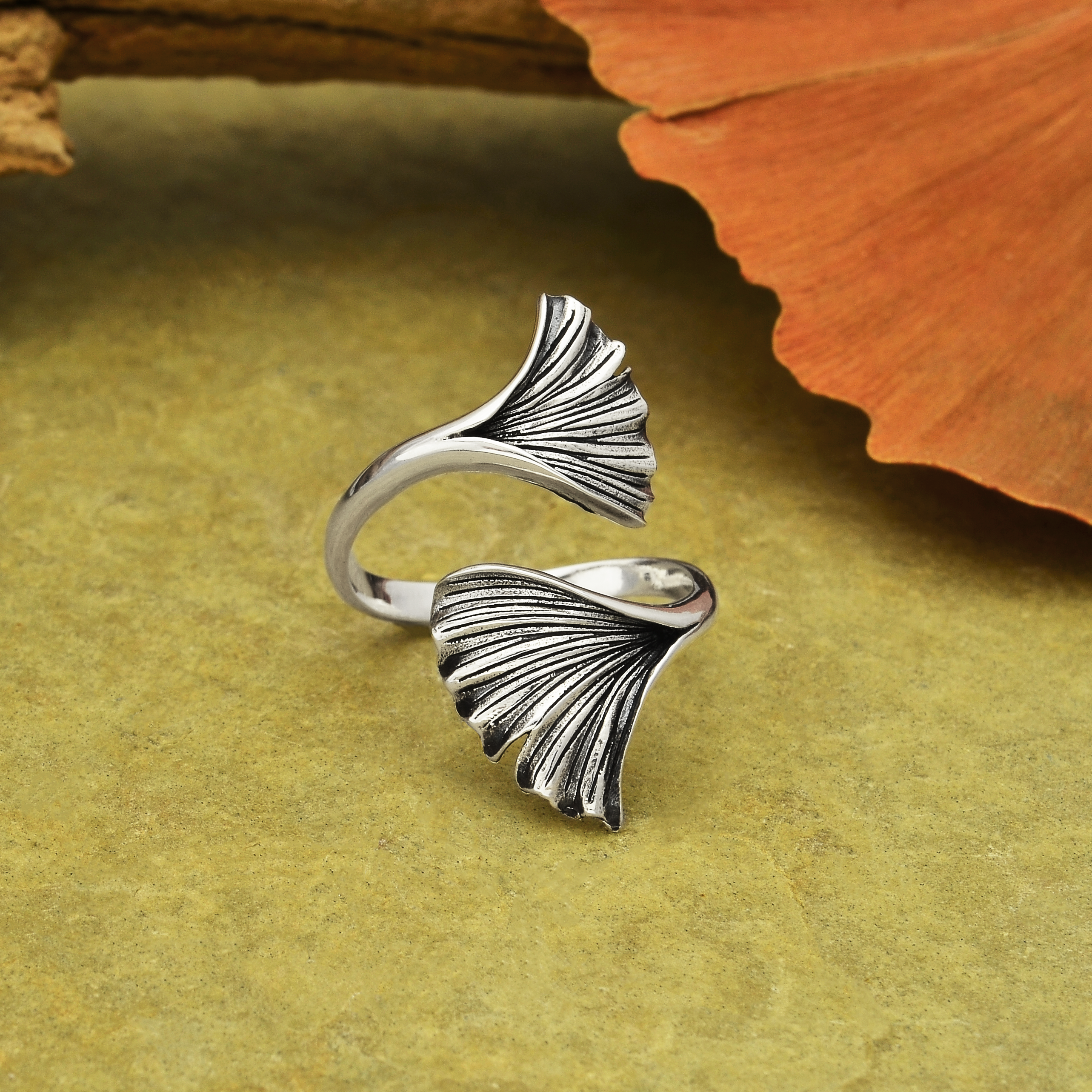 Nina Designs - Wholesale Cocktail/Statement Ring - Sterling Silver or Bronze Adjustable Ginkgo Leaf Ring0