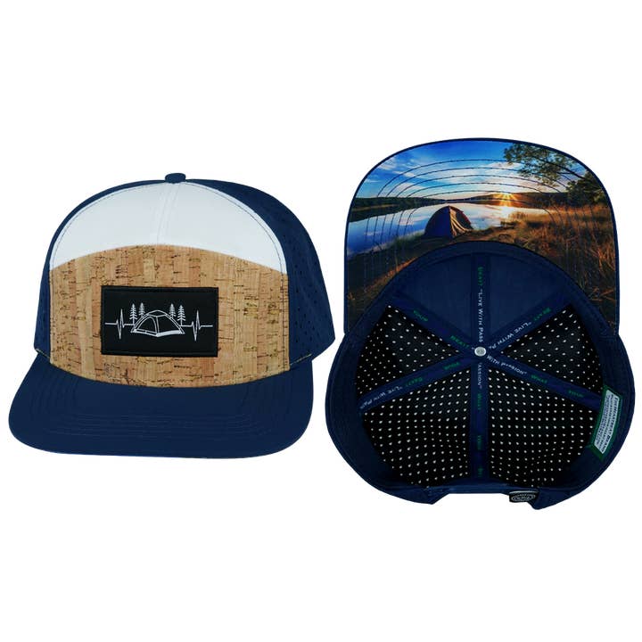 Camping Hat | Flat Bill | Cork - Navy - White for wholesale by The Heartbeat Brand