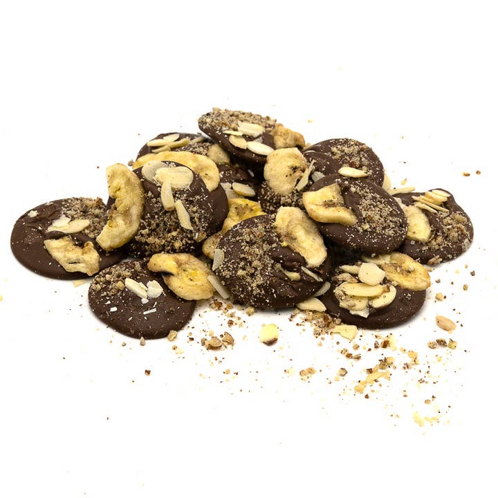 Mendiants milk chocolate (bananas, almonds, pecan) for wholesale by The Belgian Chocolate Makers