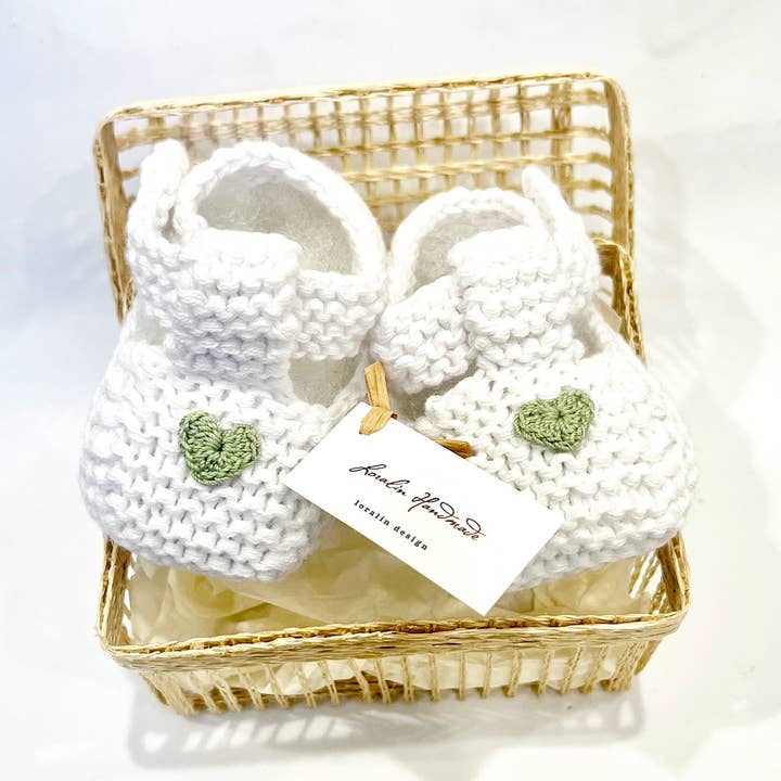Sage Heart Booties in Basket for wholesale by Loralin Design