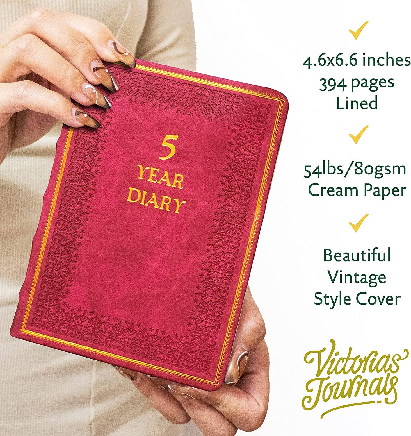 Victoria's Journals – Großhandel Tagebuch – 5-Jahres-Tagebuch im Vintage-Stil — veganer Ledereinband, 11,4 x 15,2 cm (Rot)1