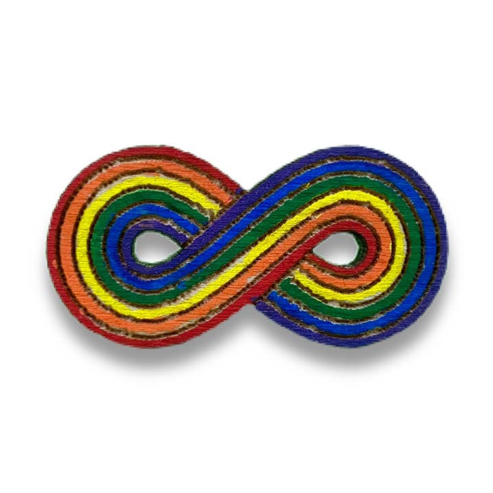 Wood Rainbow Infinity Pride Pin for wholesale by Brave Wimp