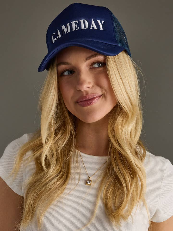 Navy Game Day Trucker Hat for wholesale by Panache Apparel Co.