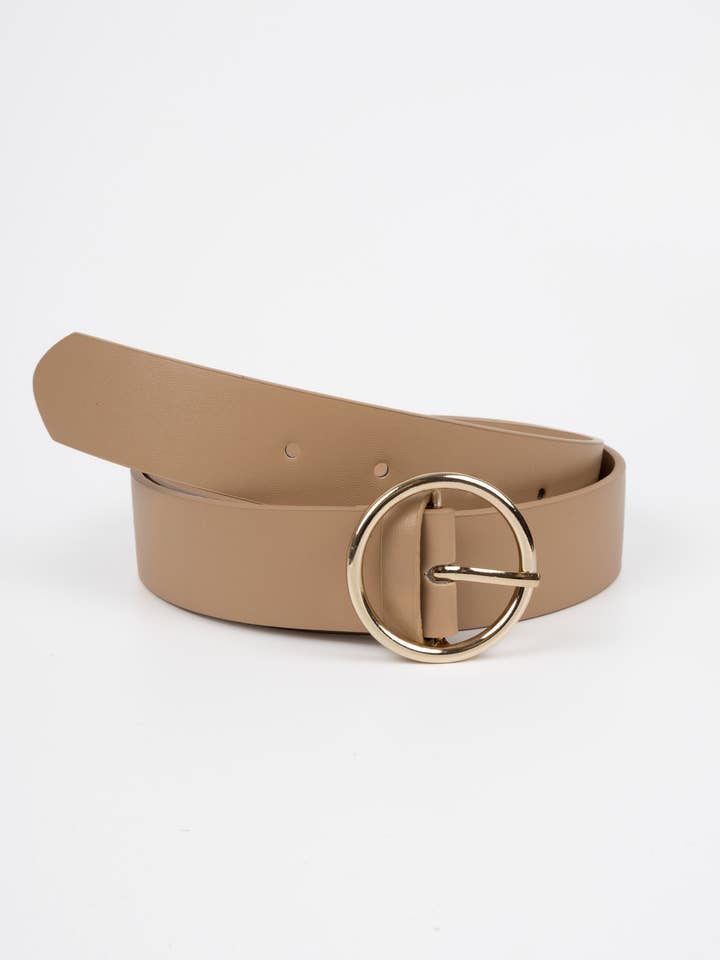 Vegan PU Leather Belt - Melun - Circular Buckle - Gold / Beige - 105cm for wholesale by Nakoa The Label